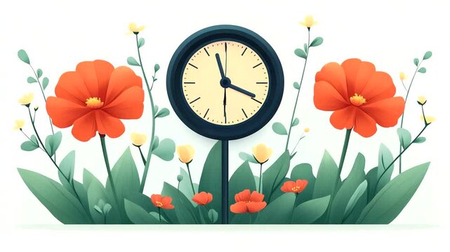 Vibrant clock surrounded by colorful flowers in a serene garden setting
