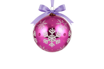 Pink Christmas Ornament With Snowflakes And Purple Ribbon.