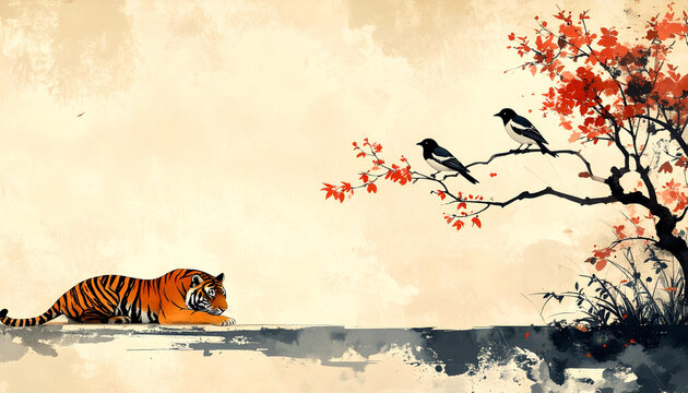 Minimal Korean Ink Painting Style Background with Tiger and Magpie