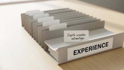 Filing cabinet with 'Experience' label and insightful quote