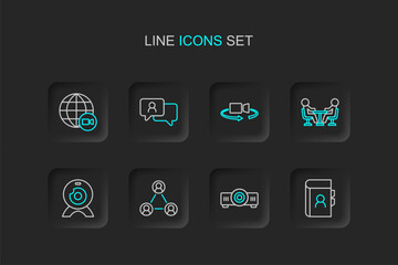 Set line Phone book, Movie, film, media projector, Meeting, Web camera, 360 degree view, Speech bubble chat and Video conference icon. Vector