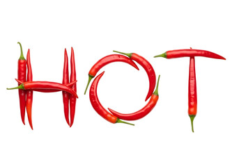Spicy hot text made from red chili peppers isolated on transparent background
