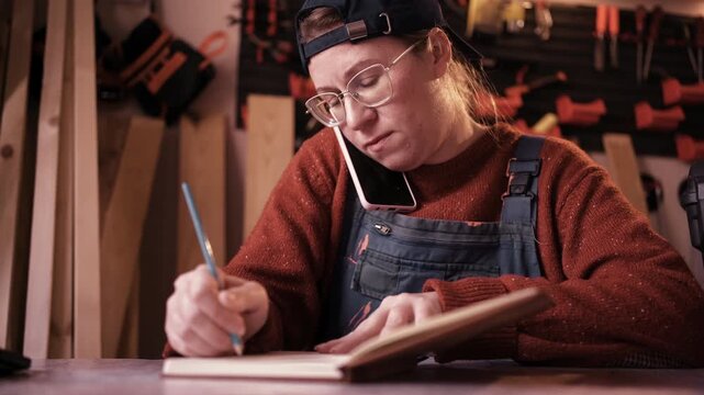 Female carpenter talking on mobile phone taking order in carpentry workshop - Powered by Adobe