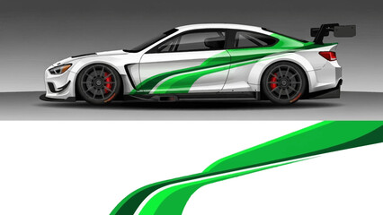 Sleek race car with green white racing livery and aerodynamic design on a track, high speed performance vehicle. © Lailatul
