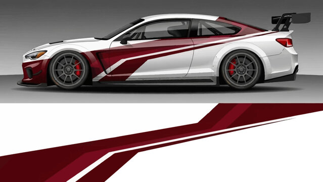 Sleek white and burgundy race car with bold graphics and aerodynamic design.