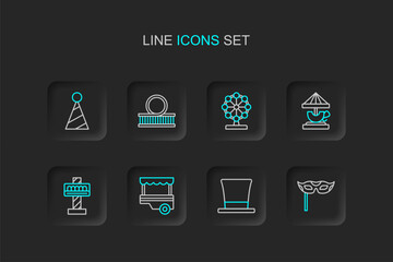 Set line Festive mask, Cylinder hat, Fast street food cart, Attraction carousel, Ferris wheel, Roller coaster and Party icon. Vector