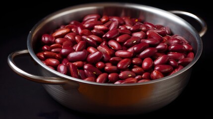 A metallic pot filled with vibrant red kidney beans showcasing their rich color and texture against a dark background