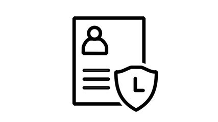 Identity protection icon showing a profile card with a shield, representing legal verification, document safety, and personal data security. - Powered by Adobe