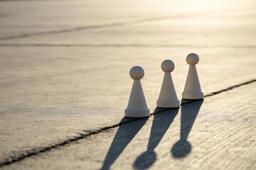 Three White Game Pieces on Concrete Surface with Long Shadows