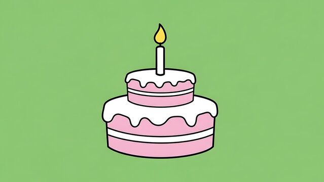 Simple cartoon illustration of a two-tier pink birthday cake with white frosting and a single lit candle on top against a plain green background.