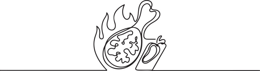 One single line drawing of hot spicy and crispy fried chicken store logo vector illustration. Fast food cafe menu and restaurant badge concept. one line Icon drawing © firoz