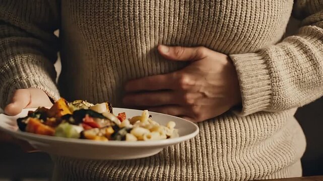 A person with indigestion holding a plate of food while suffering from stomach pain due to a health problem