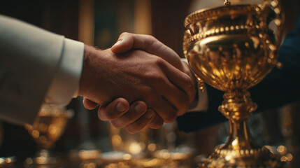 A handshake between two individuals in a formal setting, symbolizing agreement and trust, with decorative gold trophies adorning the scene.