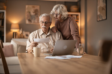 Elderly Couple Working Together at Home Office With Laptop and Documents