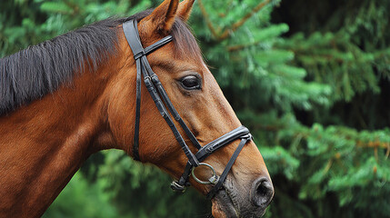 A stunning close-up of a regal brown horse in a black bridle, showcasing its beauty and elegance with a lush green backdrop. Nature's charm shines.