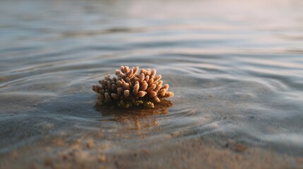 A delicate coral formation rests on wet sand at the edge of calm shallow ocean water during the golden hour