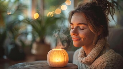 Serene Woman Meditating with Candle in Cozy Natural Environment