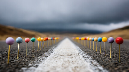 Colorful pushpins mark a path on the asphalt road, leading into the horizon under a cloudy sky, symbolizing direction and guidance ahead.