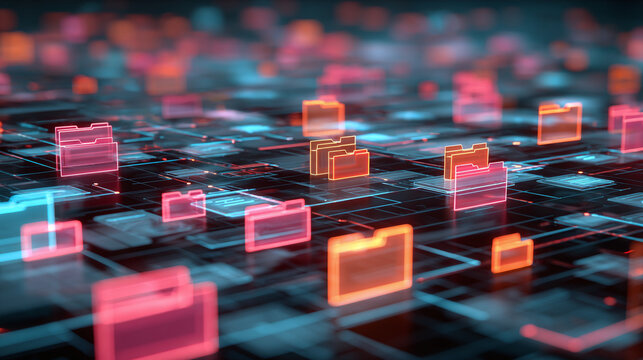 Futuristic network of illuminated folders, symbolizing data storage and organization. A digital landscape for files and information. - Powered by Adobe