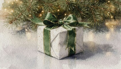 Elegant Christmas gift box with green ribbon under a festive fir tree with bokeh lights