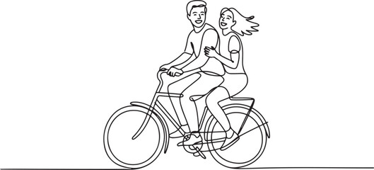 Continuous one line drawing happy funny young couple riding on bicycle. Romantic teenage couple ride bike. Young man and woman in love. one line Icon drawing