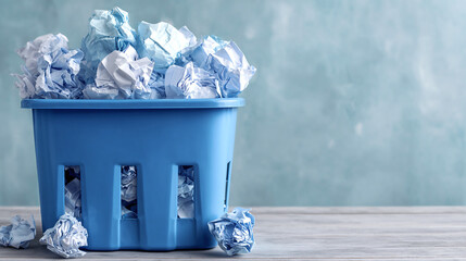 A blue trash bin overflows with crumpled white paper on a gray wood table against a textured light blue background, symbolizing discarded ideas.