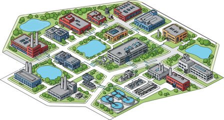 Fototapeta premium Isometric illustration of a modern industrial park with factories office buildings and water treatment facilities surrounded by green spaces and ponds.