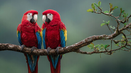 Two scarlet macaws perched on a tree branch, showcasing vibrant red, yellow, and blue plumage. A beautiful display of tropical wildlife.