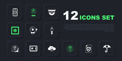 Set Contract with shield, Umbrella, Ringing alarm bell, Lock, Safe, and Cloud computing lock icon. Vector