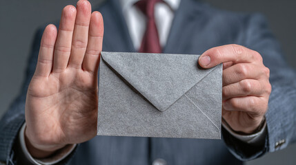 Man in suit presents envelope and holds up hand as stop signal, refusing to accept the message, conveying denial or rejection of the content.