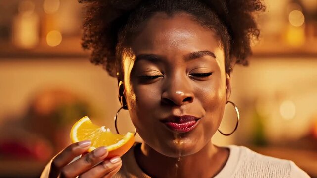 Happy young African woman enjoying a fresh juicy orange slice as part of a healthy diet and lifestyle choice