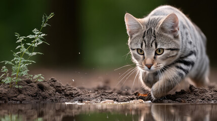 Curious tabby cat with green eyes crouches near water, focused and alert, outdoors on soil with green plant, natural light