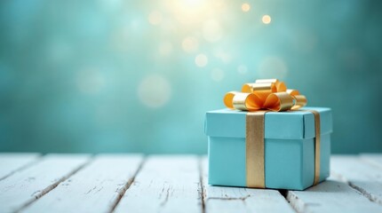 Elegant turquoise gift box with golden ribbon and bow on a rustic wooden table