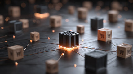 An abstract digital rendition of a networked distribution system, with nodes and connection lines illuminated, suggesting connectivity.