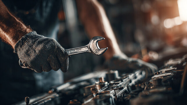A gloved hand holds a wrench above an engine, illuminated by a warm light, ready to tackle the intricate mechanical work ahead.