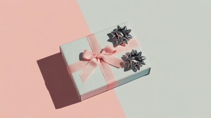 Elegant gift box with pink ribbon and silver bows on a pastel background
