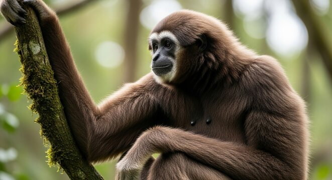 Hoolock gibbon sitting on a tree branch with long arms and dark fur. An agile arboreal primate known for loud calls, brachiation, and strong family bonds in tropical forests.