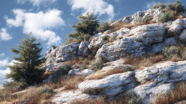 Rocky hillside terrain featuring evergreen trees and dry grass under a bright sky dotted with fluffy clouds, showcasing natural beauty. - Powered by Adobe
