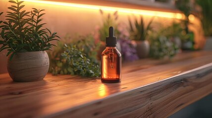 Glass dropper bottle on wooden table surrounded by green plants