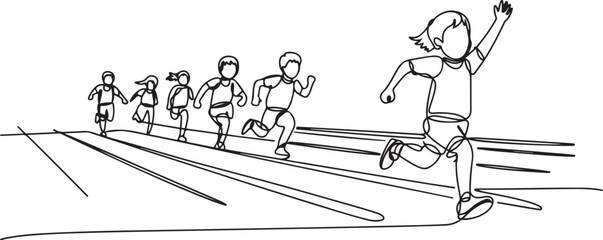 Single continuous line drawing children in athletics competitions. The boys run in stadium and finish. The child came running first and won. one line Icon drawing