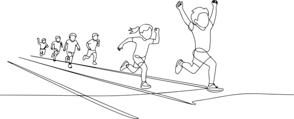 Single continuous line drawing children in athletics competitions. The boys run in stadium and finish. The child came running first and won. one line Icon drawing