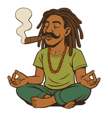 Man with dark brown dreadlocks and upturned mustache, sitting in lotus position and smoking thick lit cigar. Vibrant hippie 1960s retro style. Vector isolated illustration