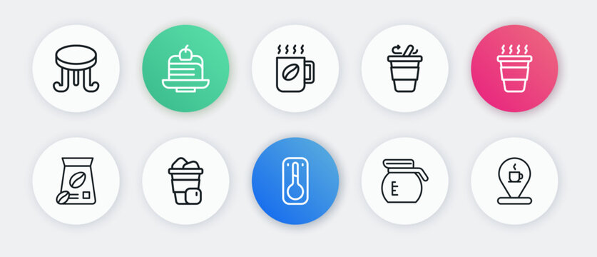 Set line Coffee thermometer, cup to go, Bag coffee beans, pot, Location with and Iced icon. Vector