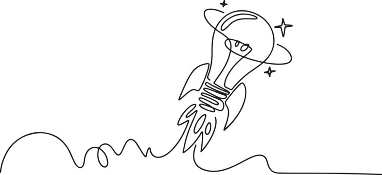 Single continuous line drawing of smart bright light bulb take off flying to the space logo label. Rocket bulb company icon label concept. one line Icon drawing