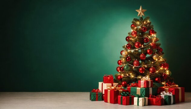 Festively decorated Christmas tree with presents underneath, ready for holiday celebrations