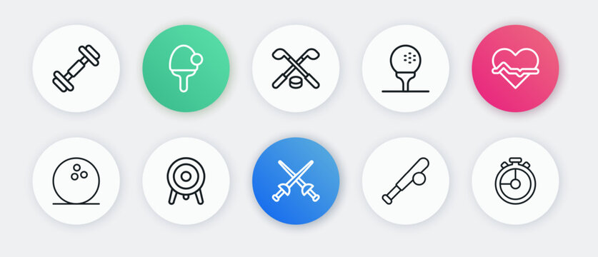 Set line Fencing, Heart rate, Bowling ball, Baseball bat with, Golf on tee, Ice hockey sticks and puck, Stopwatch and Target sport icon. Vector