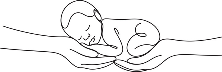 Single one line drawing beautiful new born baby resting on mom's hand. Tiny newborn baby's and female hands. Happy mom and her child. one line Icon drawing