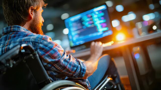 Person using a wheelchair working at a computer in a modern workspace, representing inclusion, accessibility, remote work, and digital careers
