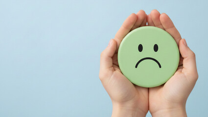 Hands gently holding a sad face emoticon on a green circle, mental health awareness, depression support, and negative customer feedback concept on blue background.