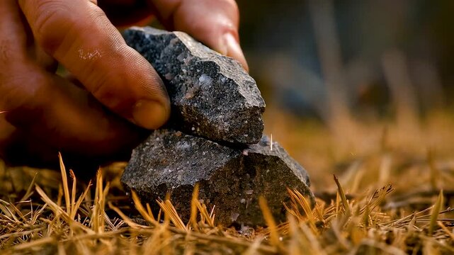 Human Hand Striking Sharp Stone Against Rock on Dry Grass to Create Sparks Demonstrating Primitive Fire Making Technique in Natural Outdoor Setting